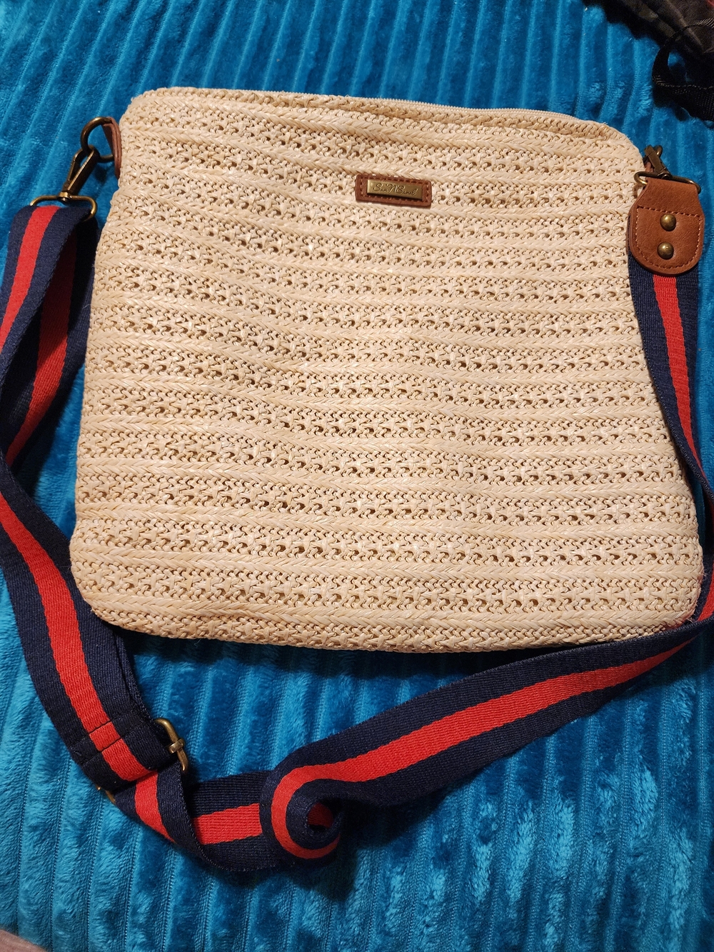 Sun And Sand Woven Straw Crossbody Bag in Cream with Striped Navy-Red Strap